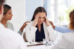 Business woman, stress or headache in meeting with team for support on mental health and anxiety. C.